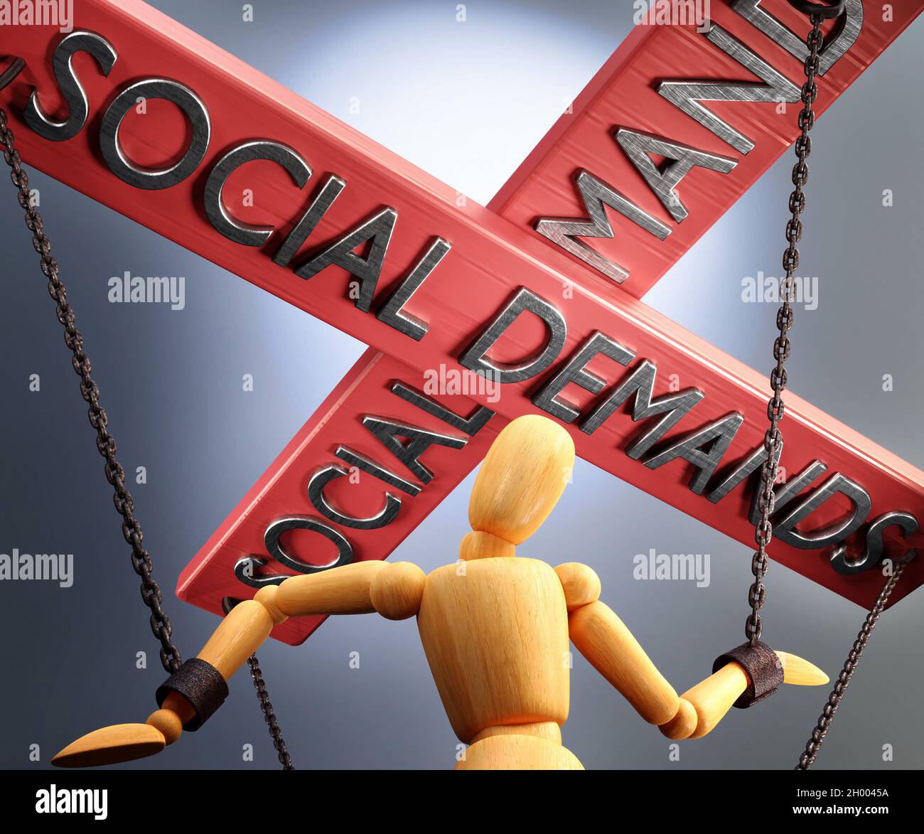 Social demands control, power, authority and manipulation symbolized by control bar with word Social demands pulling the strings (chains) of a wooden Stock Photo