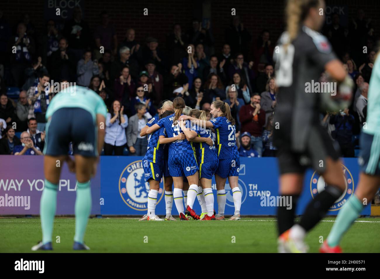 London, UK. 10th Oct, 2021. Chelsea celebrate their first goal at the Barclays FA Womens Super League game between Chelsea and Leicester City at Kingsmeadow in London, England. Credit: SPP Sport Press Photo. /Alamy Live News Stock Photo