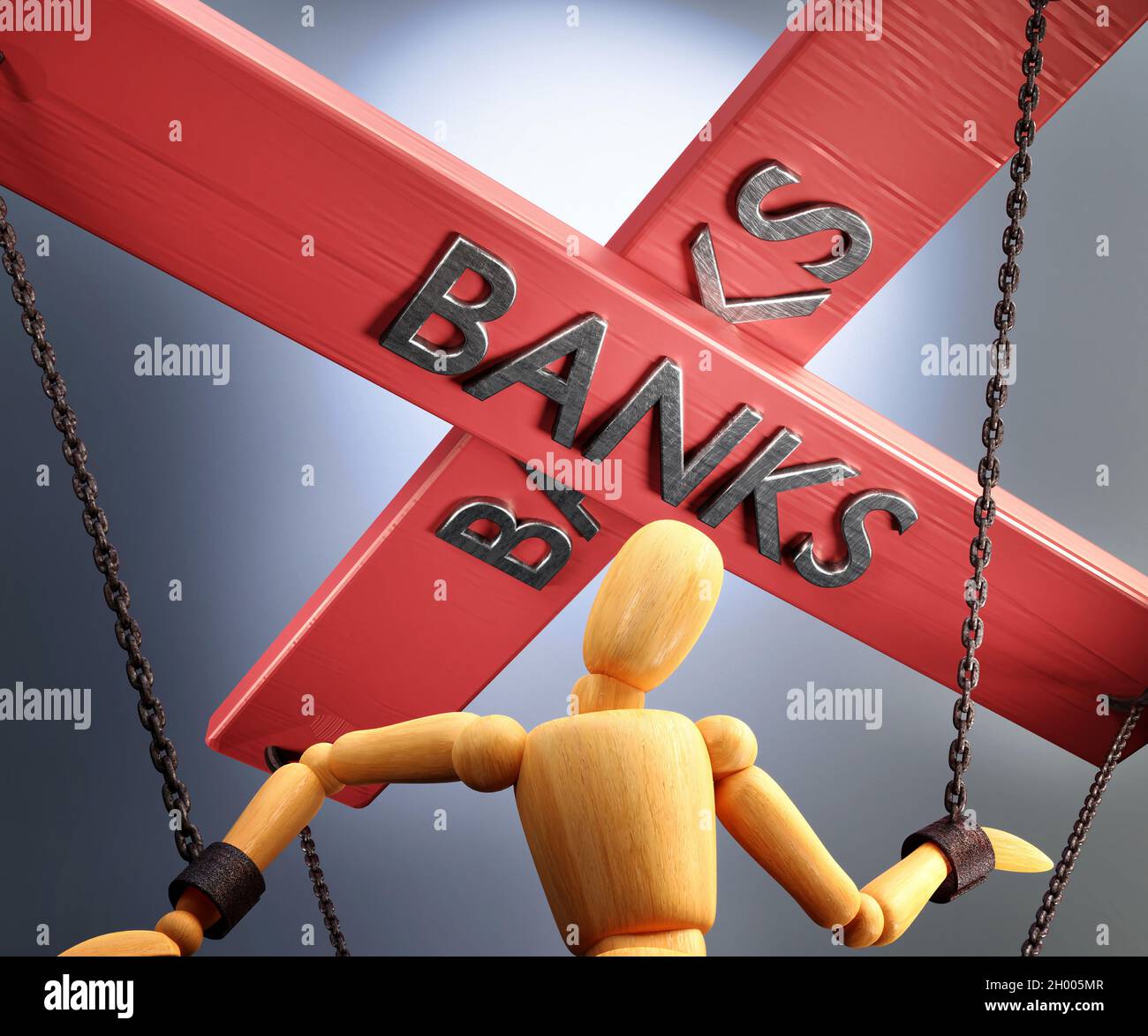 A 3D illustration of a puppet controlled by a banking entity