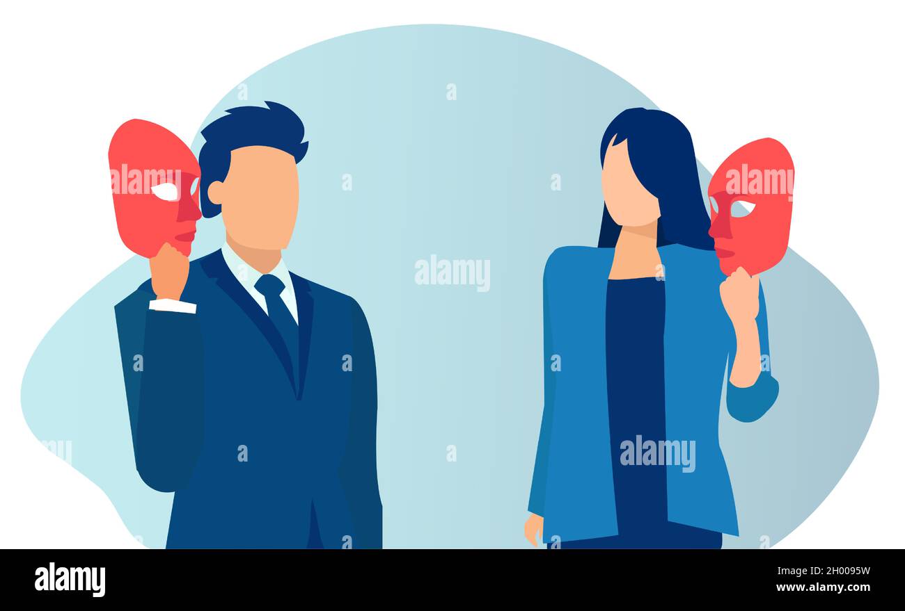 Vector of a man and a woman taking off face mask with fake positive emotion exposing real feelings behind it. Stock Vector