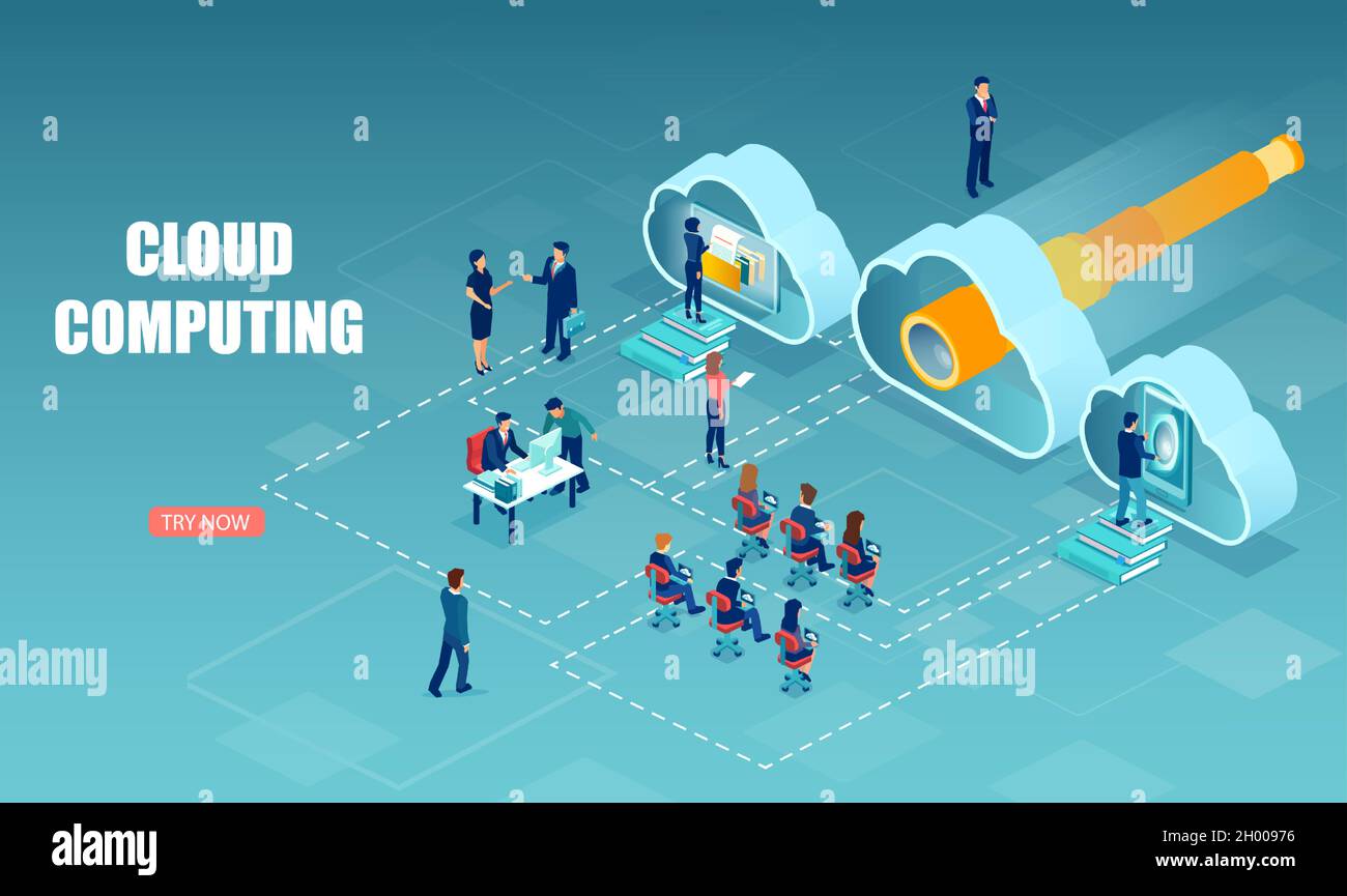 Isometric vector of business people using cloud computing technology Stock Vector