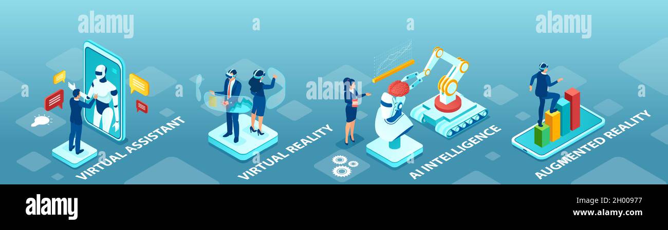 Isometric vector for AI, virtual reality, augmented reality and virtual assistant in business Stock Vector