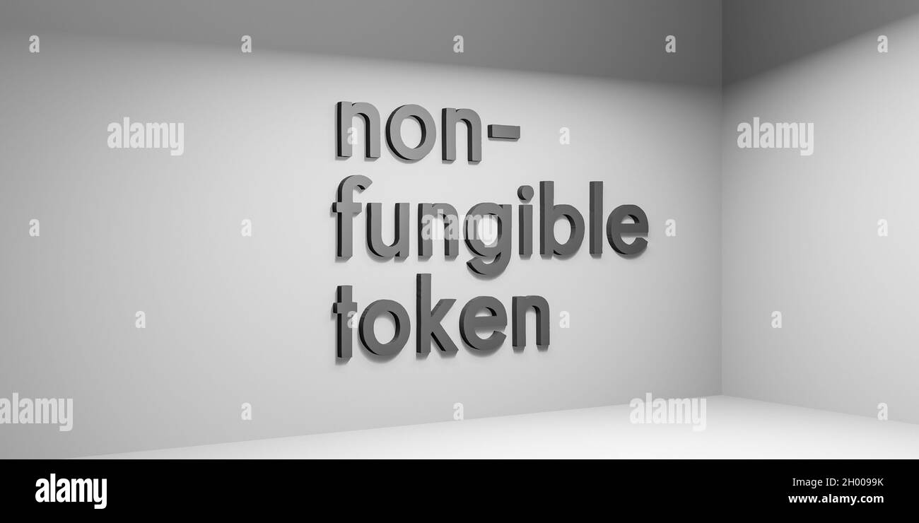NFT (non-fungible token) word and letters in monochrome grey color, conceptual 3D illustration with lighting and shadows on virtual studio room walls Stock Photo
