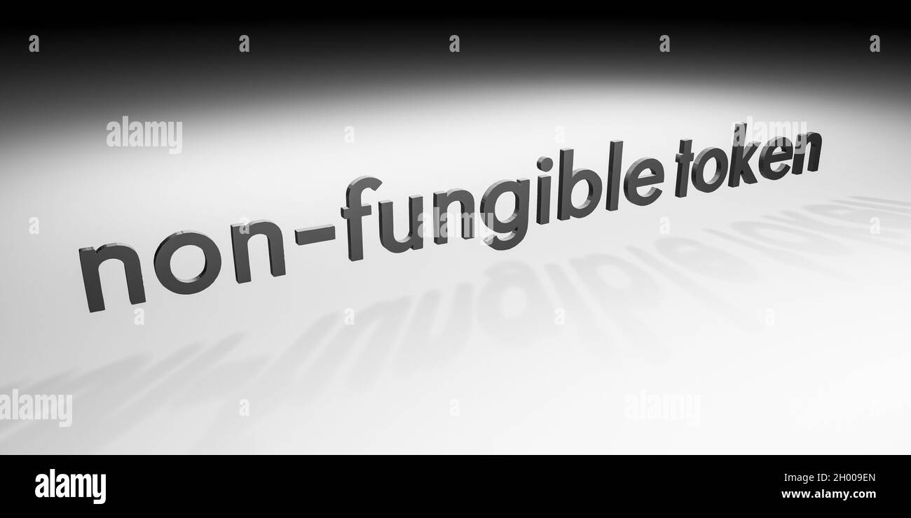 NFT (non-fungible token) word and letters in monochrome colour, conceptual 3D illustration with lighting and shadows floating above a plane Stock Photo