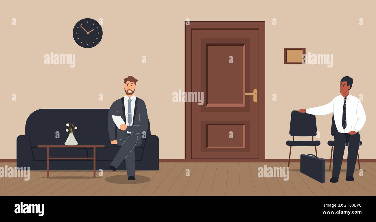 Office corridor on a cream background: waiting area for visitors with chairs,sofa and wooden boards on the floor.The door to the cabinet with a sign Stock Vector