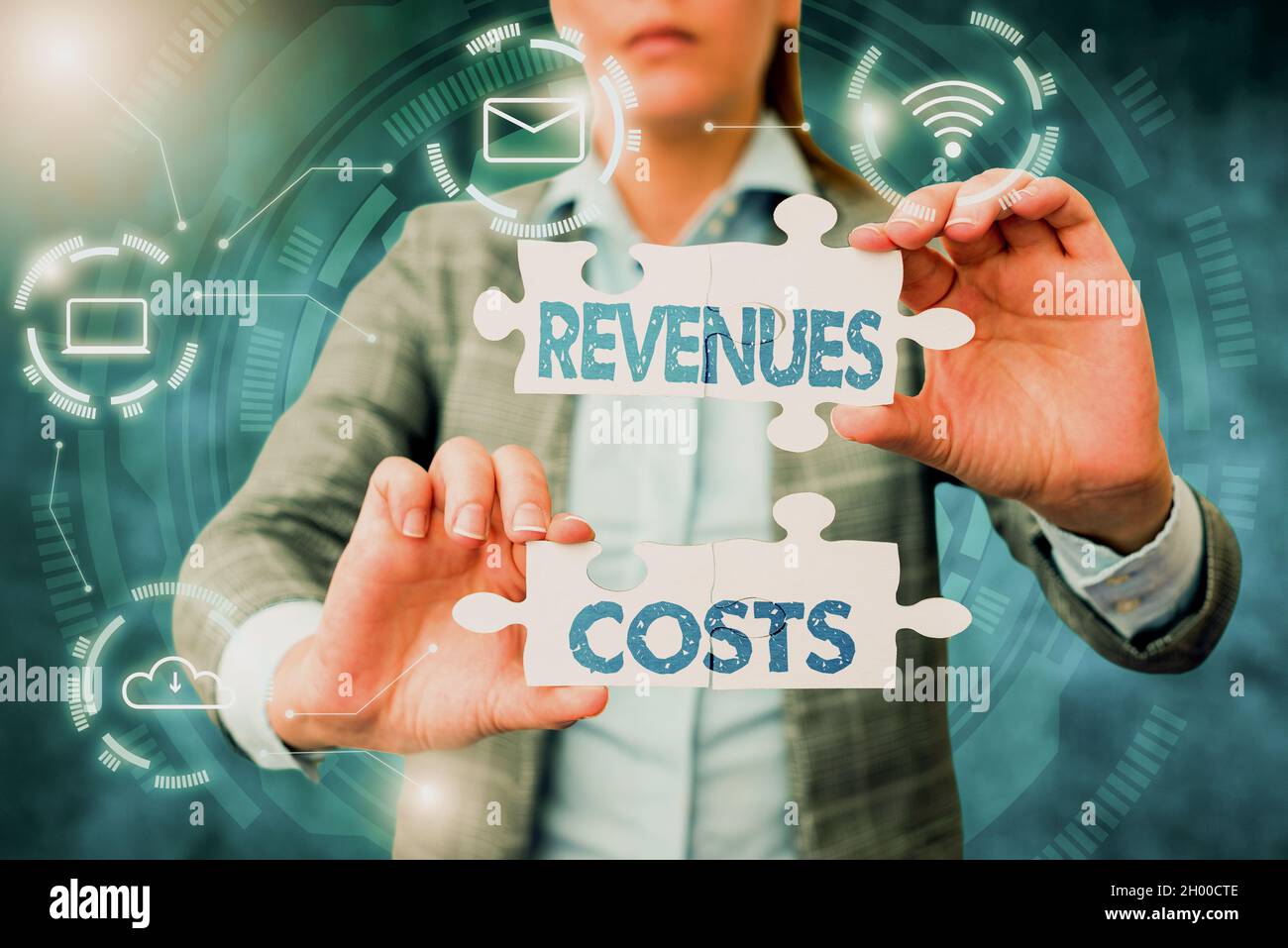 Conceptual display Revenues Costs. Business approach Total amount of money in Manufacturing and Delivery a product Business Woman Holding Jigsaw Stock Photo