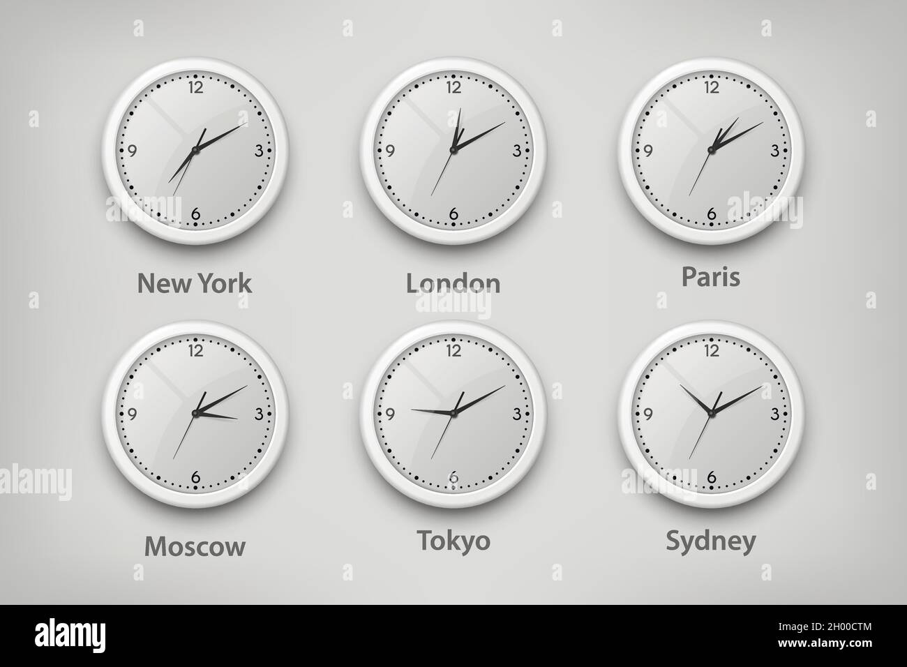 Vector 3d Realistic White Wall Office Clock Set. Time Zones of