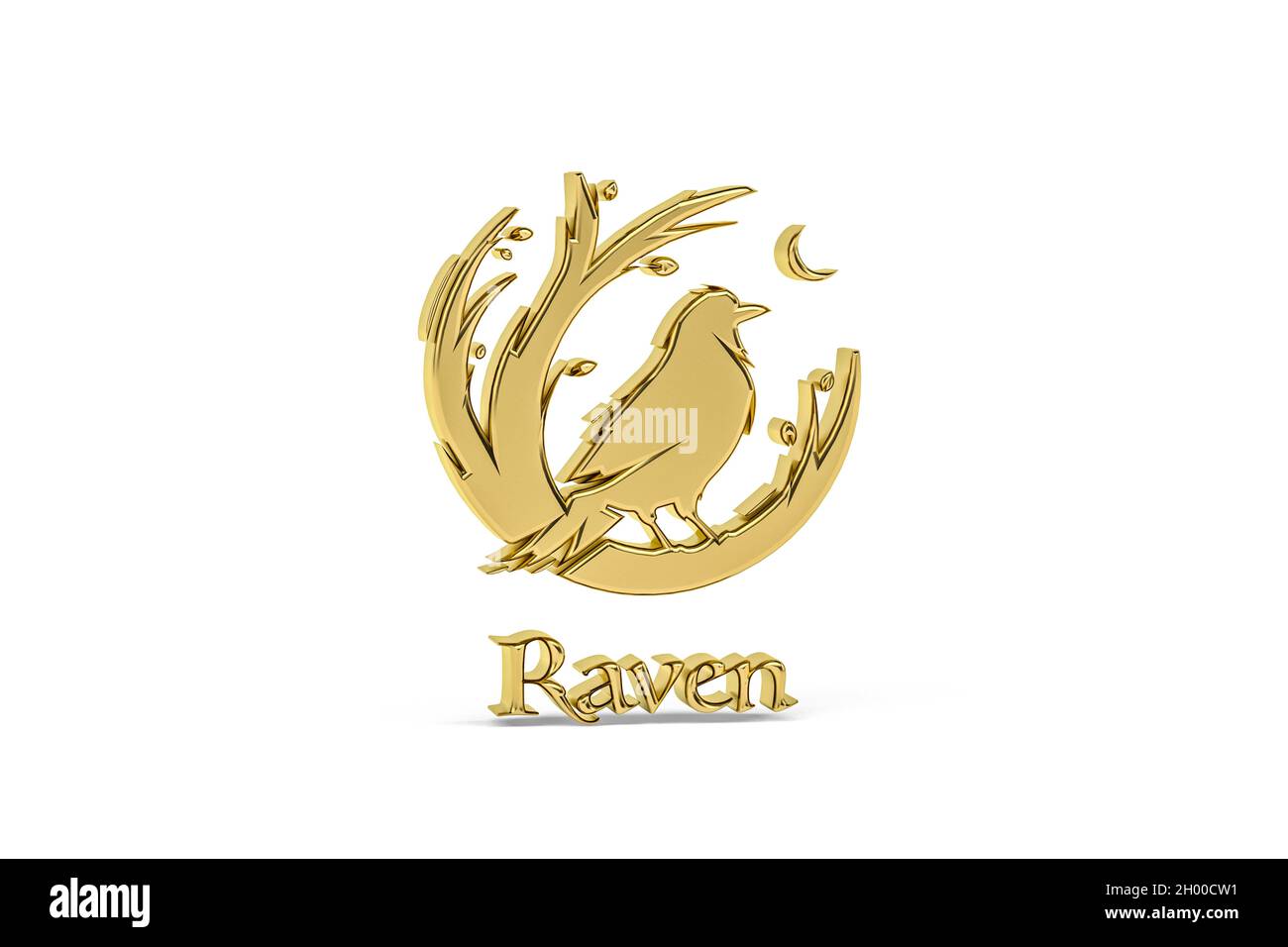 Golden 3d raven icon isolated on white background - 3d render Stock