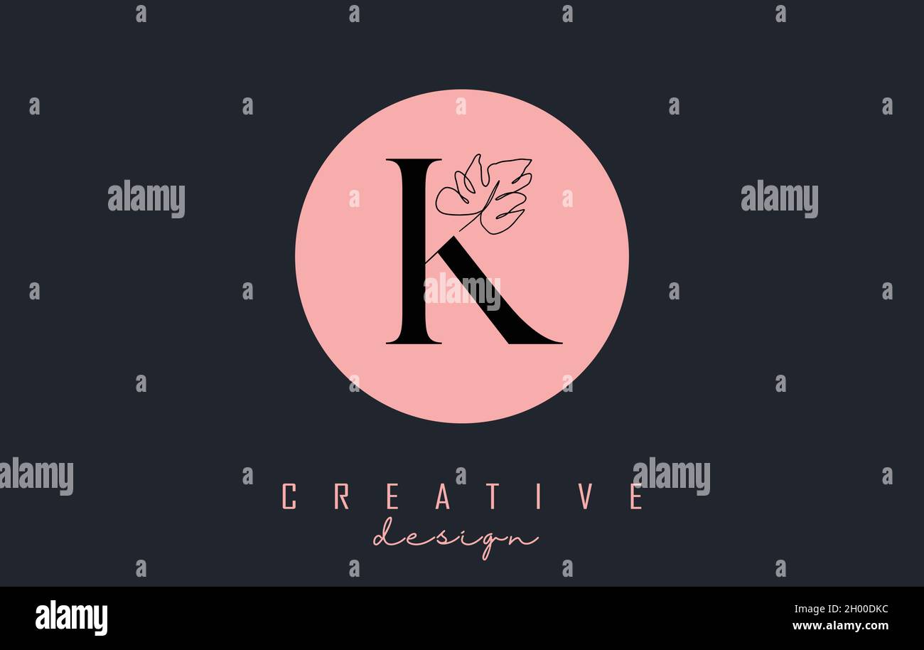 K letter logo design with Monstera leaf one line drawing on a pink ...