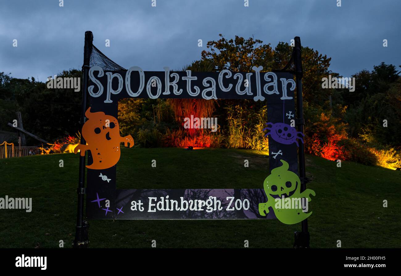 Frame advertising Spooktacular event, Edinburgh Zoo Halloween trail, Scotland, UK Stock Photo
