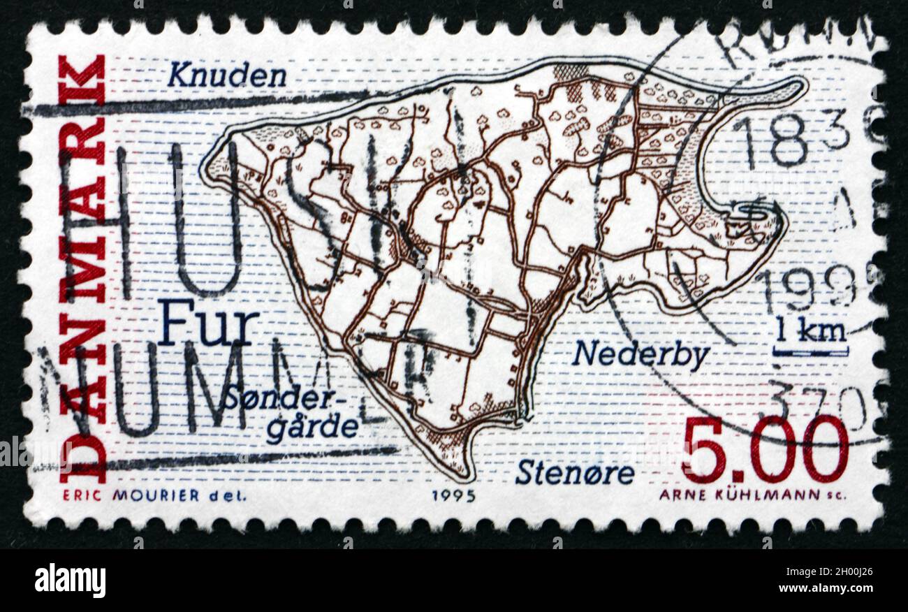 DENMARK - CIRCA 1995: a stamp printed in Denmark shows Fur, Danish Island, circa 1995 Stock Photo