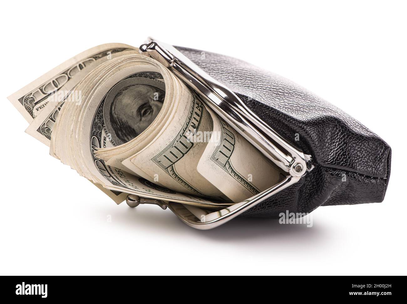 Black leather purse and paper dollars isolated on white background Stock Photo