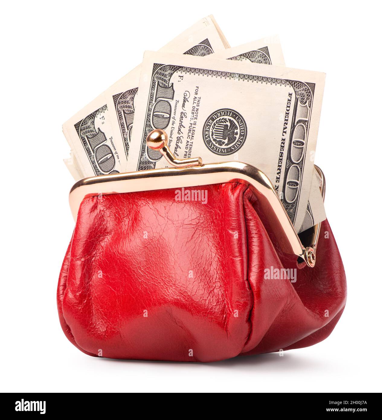 Red leather purse and paper dollars isolated on white background Stock Photo