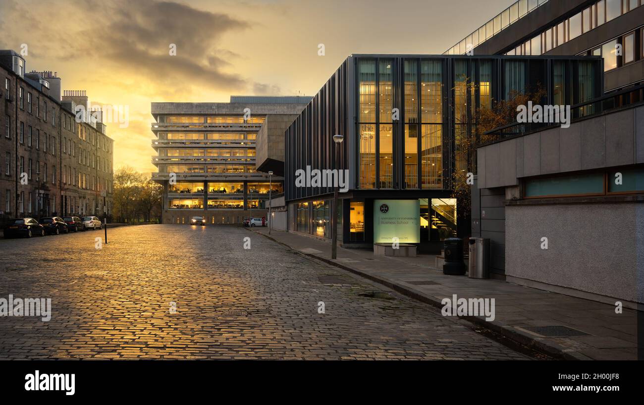 Edinburgh, Scotland, UK - Main library by Basil Spence, Ferguson, Glover (renovation by Lewis & Hickey) at sunset / Business school by LDN Stock Photo