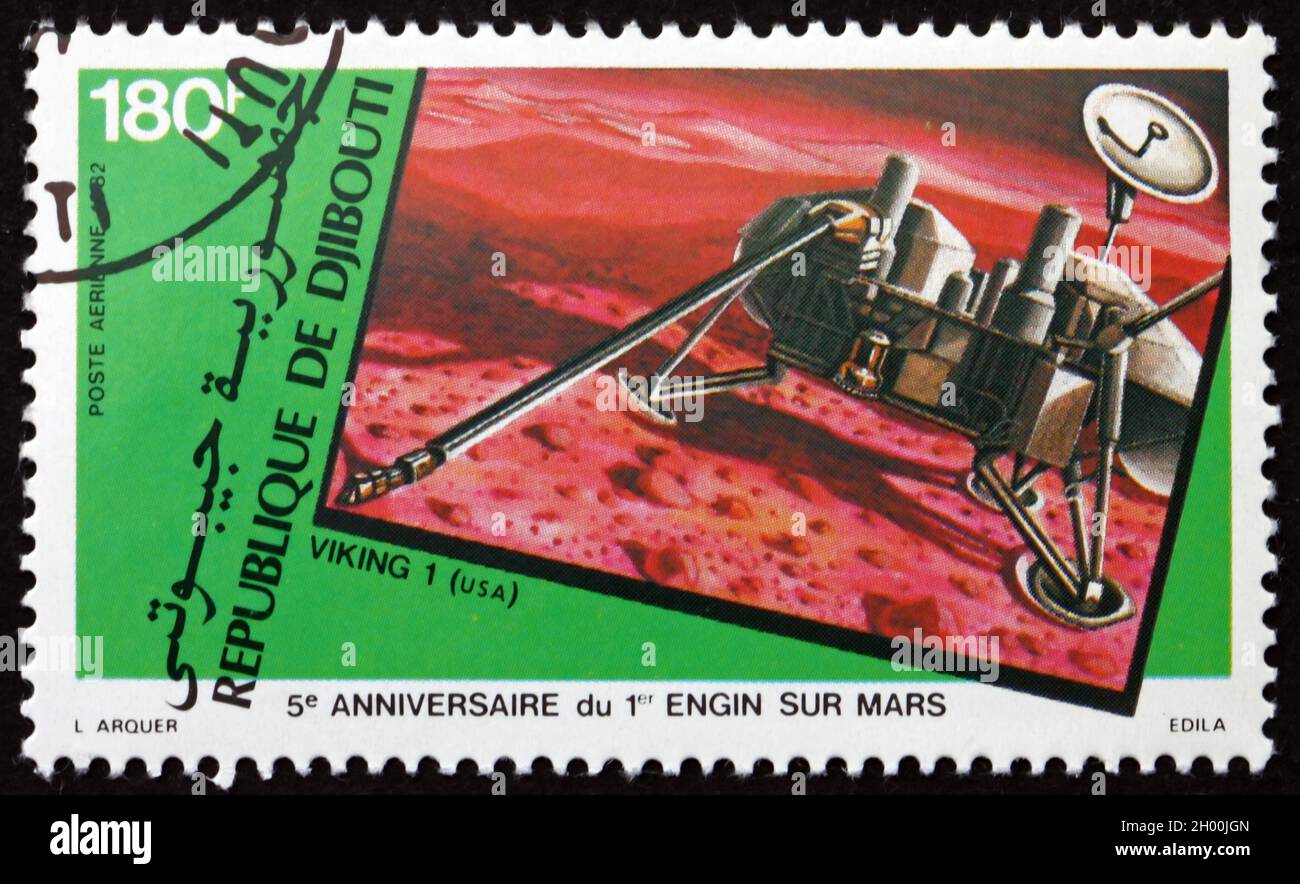 DJIBOUTI - CIRCA 1982: a stamp printed in the Djibouti shows Viking I Mars Landing, 5th Anniversary, circa 1982 Stock Photo