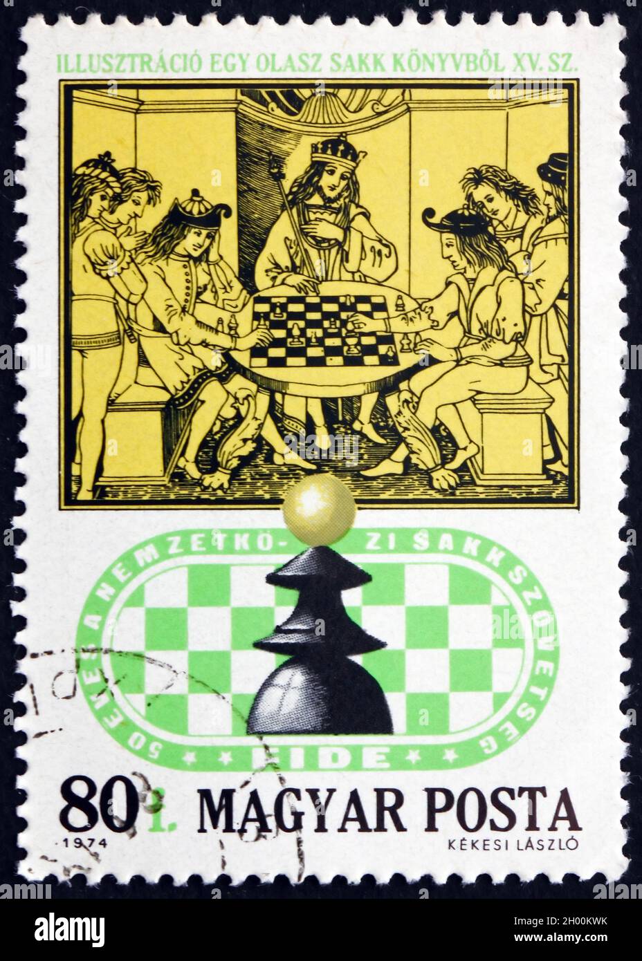 HUNGARY - CIRCA 1974: a stamp printed in Hungary shows Royal Chess Party, 15th Century Italian Chess Book, circa 1974 Stock Photo