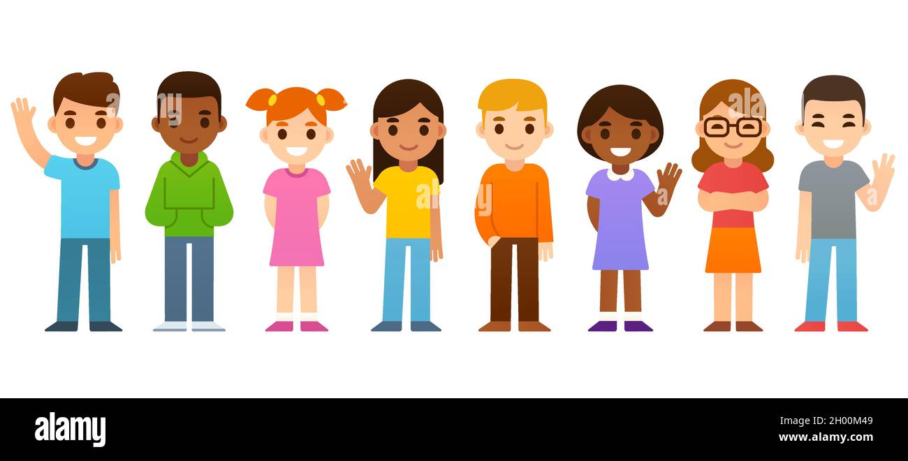 Group of cute cartoon diverse children. Simple vector illustration. Stock Vector