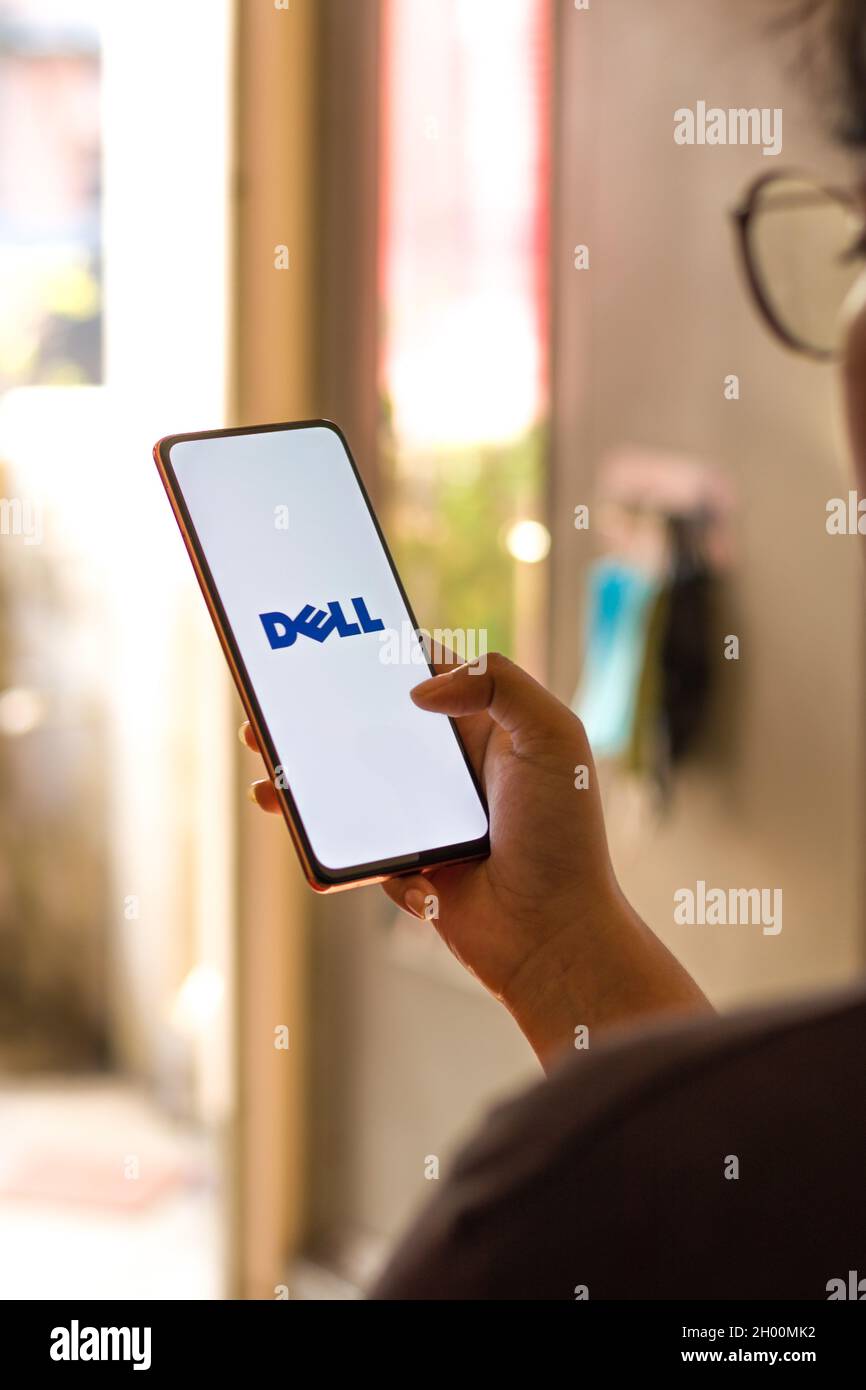 West Bangal, India - October 09, 2021 : Dell logo on phone screen stock image. Stock Photo