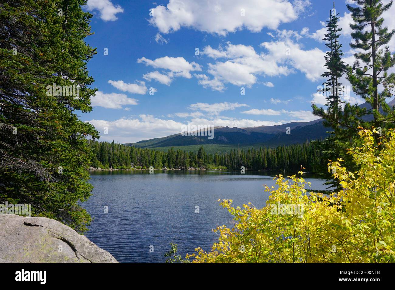 View of Bear Lake in RMNP framed with trees, bushes and rocks Stock Photo