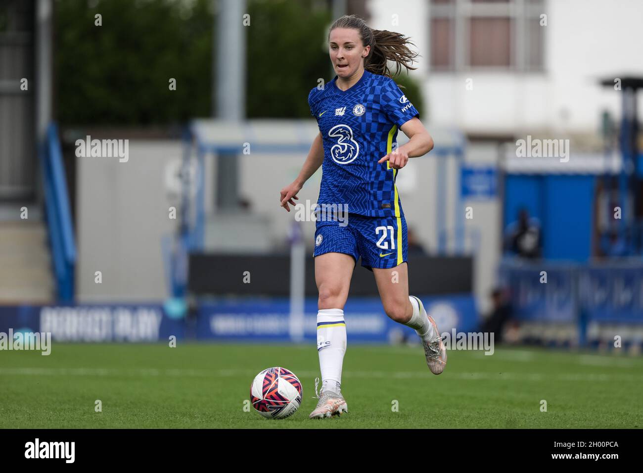 London, UK. 10th Oct, 2021. Niamh Charles (21 Chelsea) during the Barclays FA Womens Super League game between Chelsea and Leicester City at Kingsmeadow in London, England. Credit: SPP Sport Press Photo. /Alamy Live News Stock Photo
