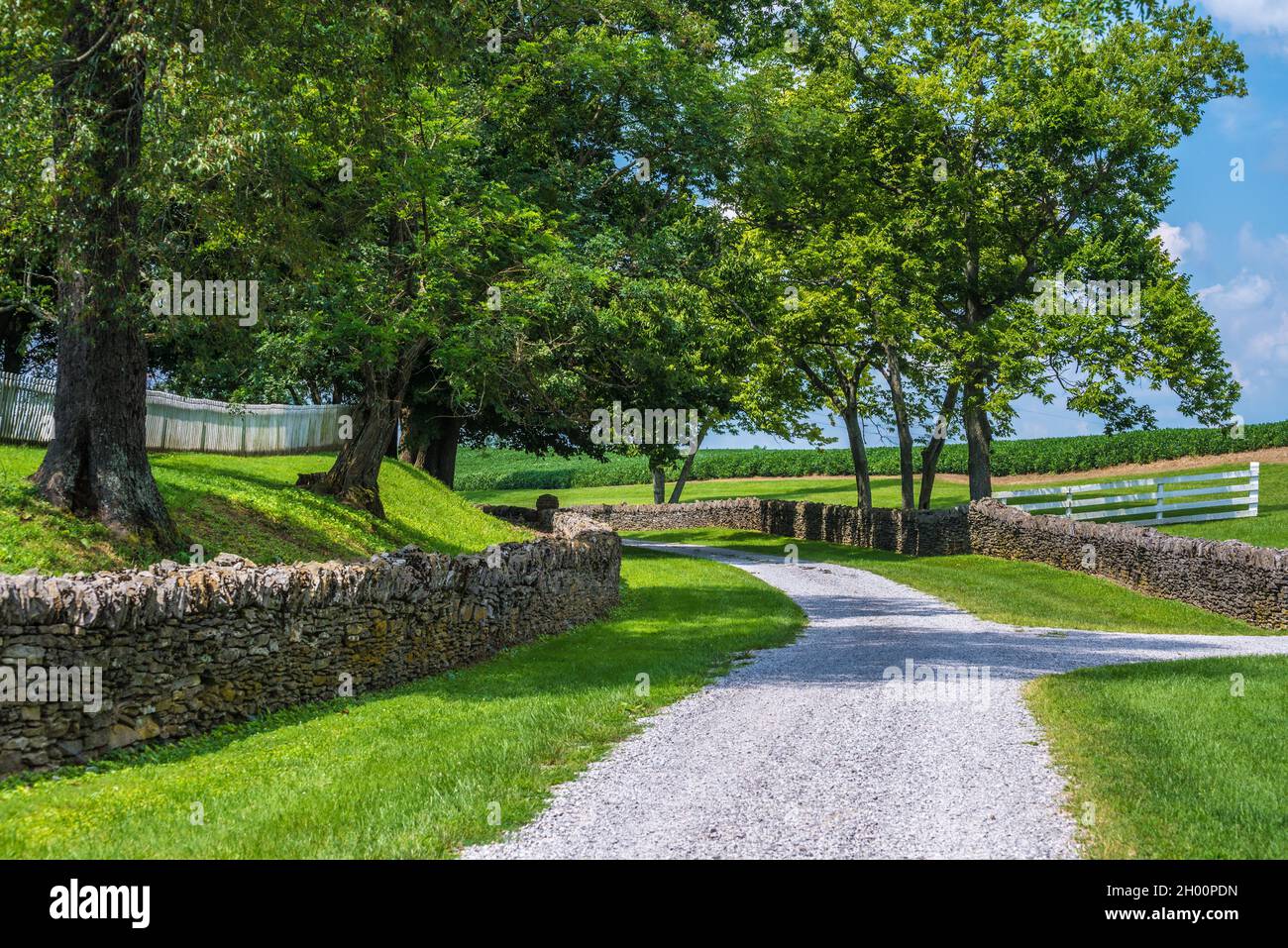 Country Road and Stone Wall - Shakertown - Mercer County - Kentucky Stock Photo