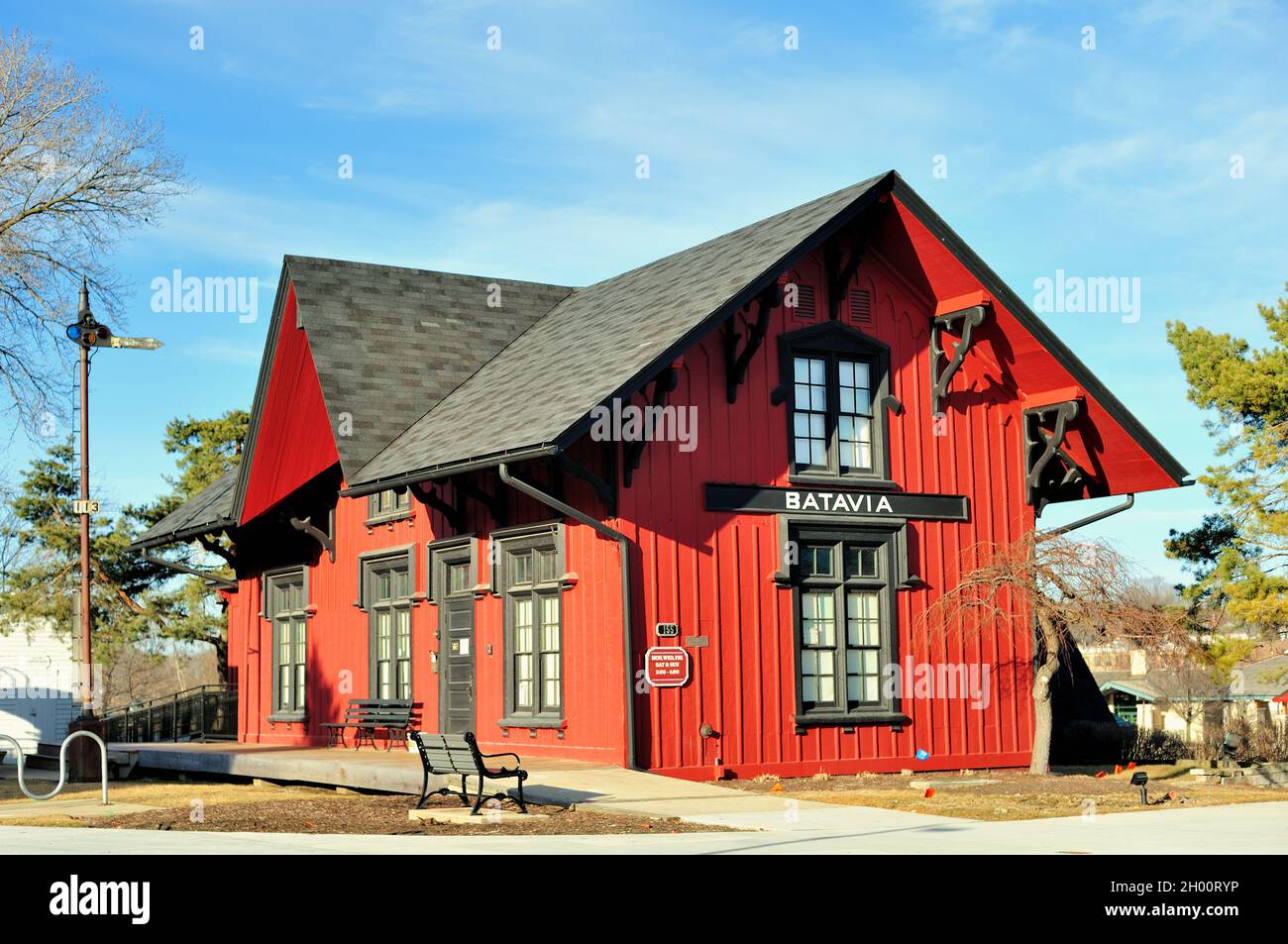 Batavia, Illinois, USA. The historic Batavia Depot that has been relocated and renovated and now stands as a museum near the Fox River. Stock Photo