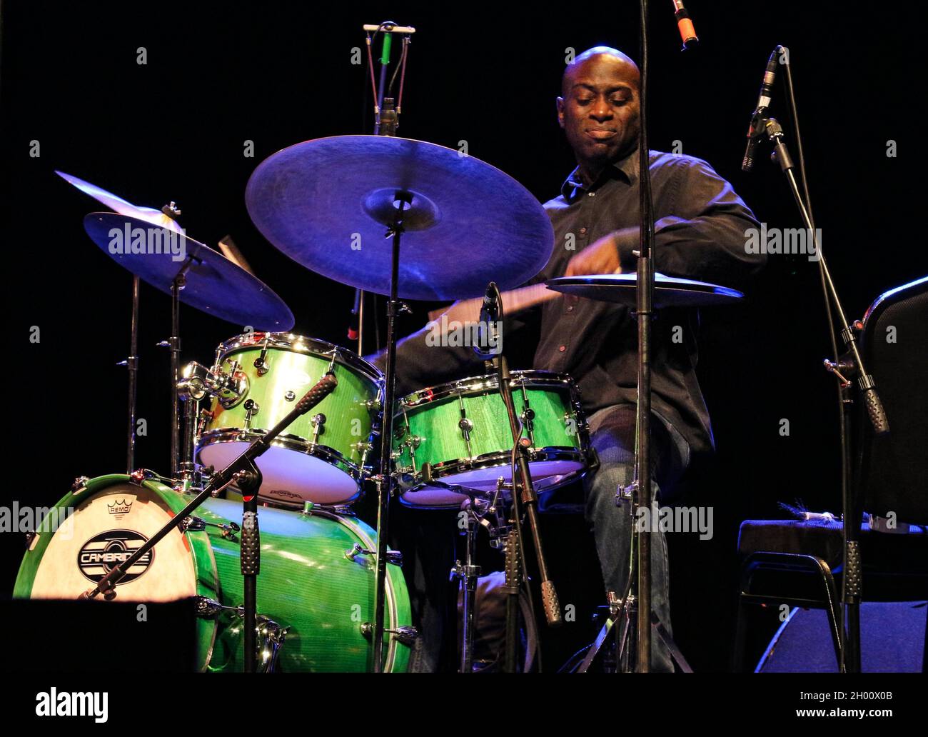 Winston Clifford playing drums in Art Themen's New Directions Quartet - Herts Jazz Festival in 2018 - South Mills Arts centre, Bishop's Stortford Stock Photo