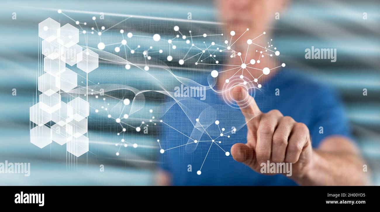 Man touching a virtual network on a touch screen with his finger Stock ...