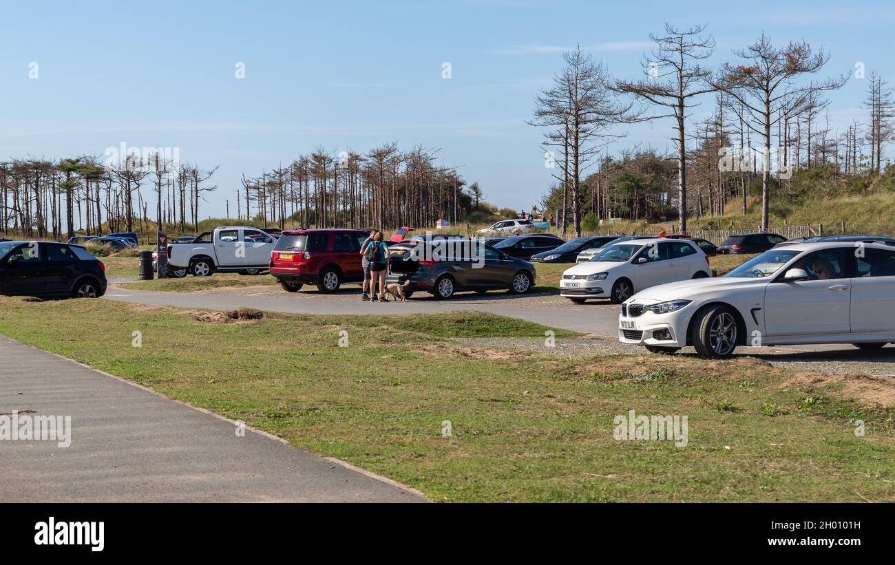 Newborough Forest, Wales: Ynys Llanddwyn beach car park, Anglesey. Stock Photo