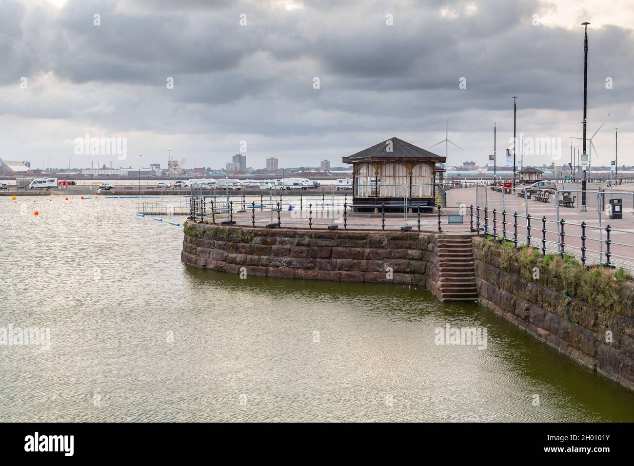 New Brighton, Wirral, UK: Promenade and Victorian shelter by the Marine Lake. Stock Photo