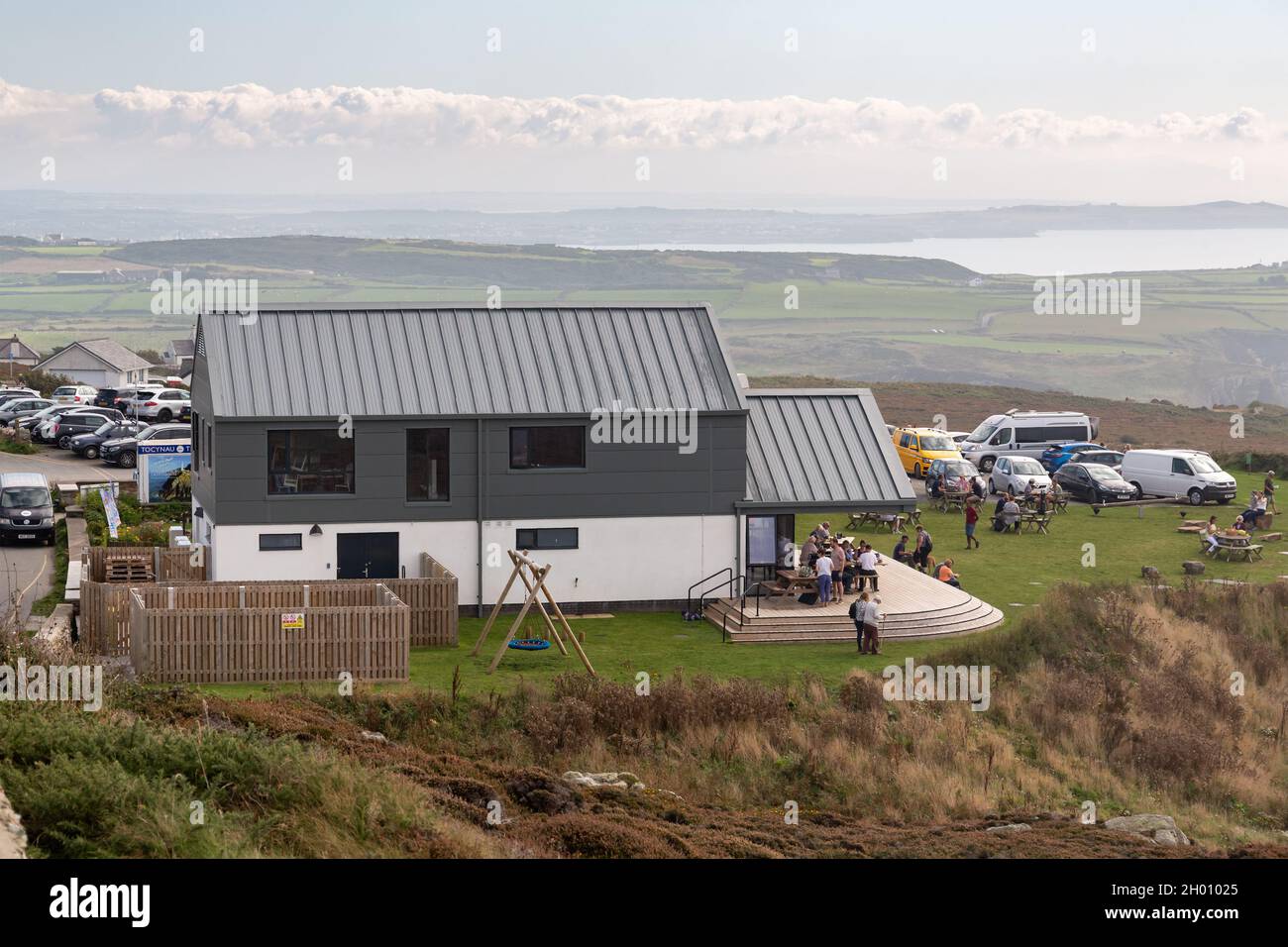 South Stack, Wales, UK: RSPB Cafe and outdoor seating area, Holy Island, Anglesey Stock Photo