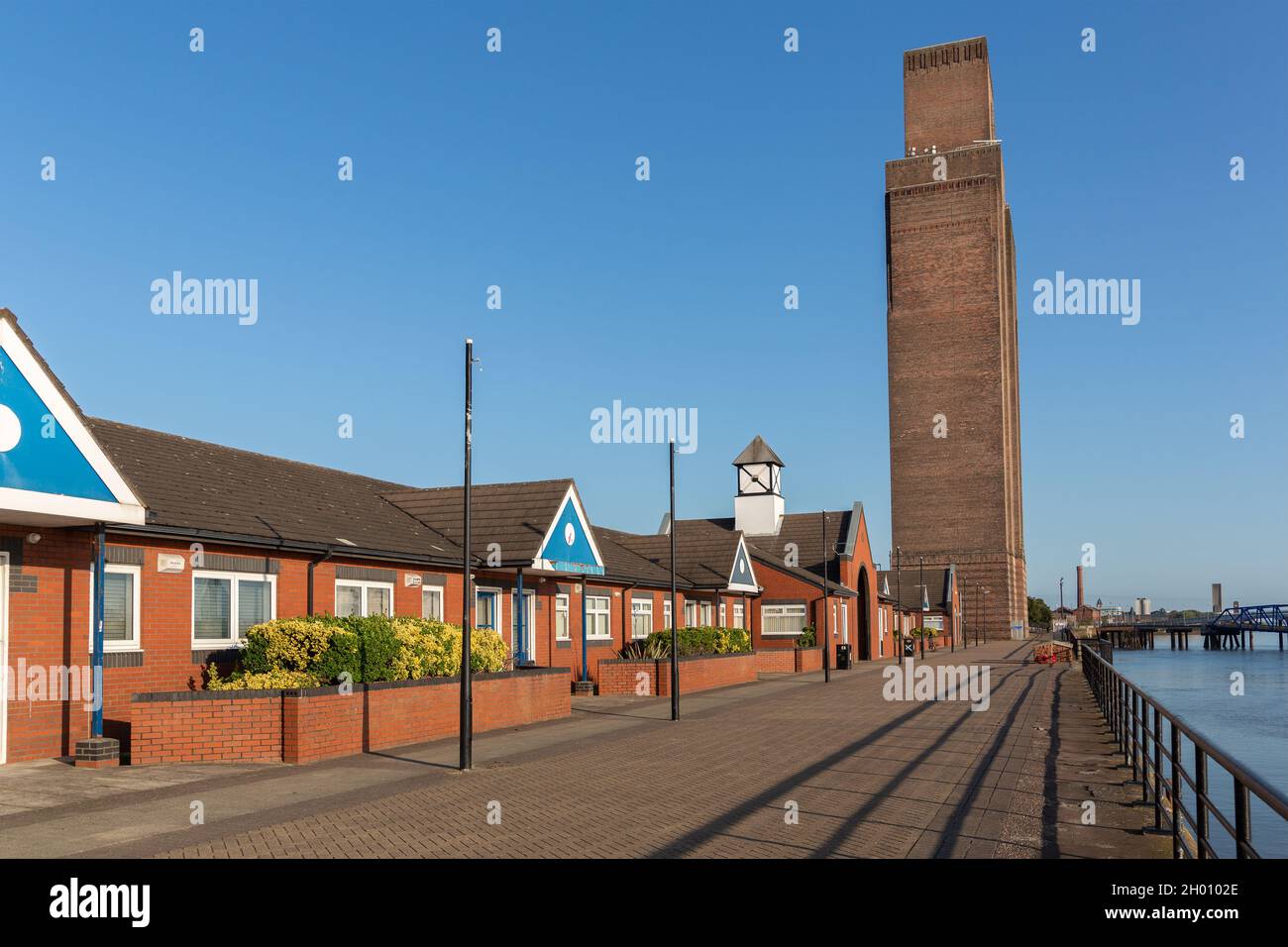 Birkenhead, UK: Woodside business park buildings and Queensway tunnel ventilation tower, Wirral Circular Trail. Stock Photo