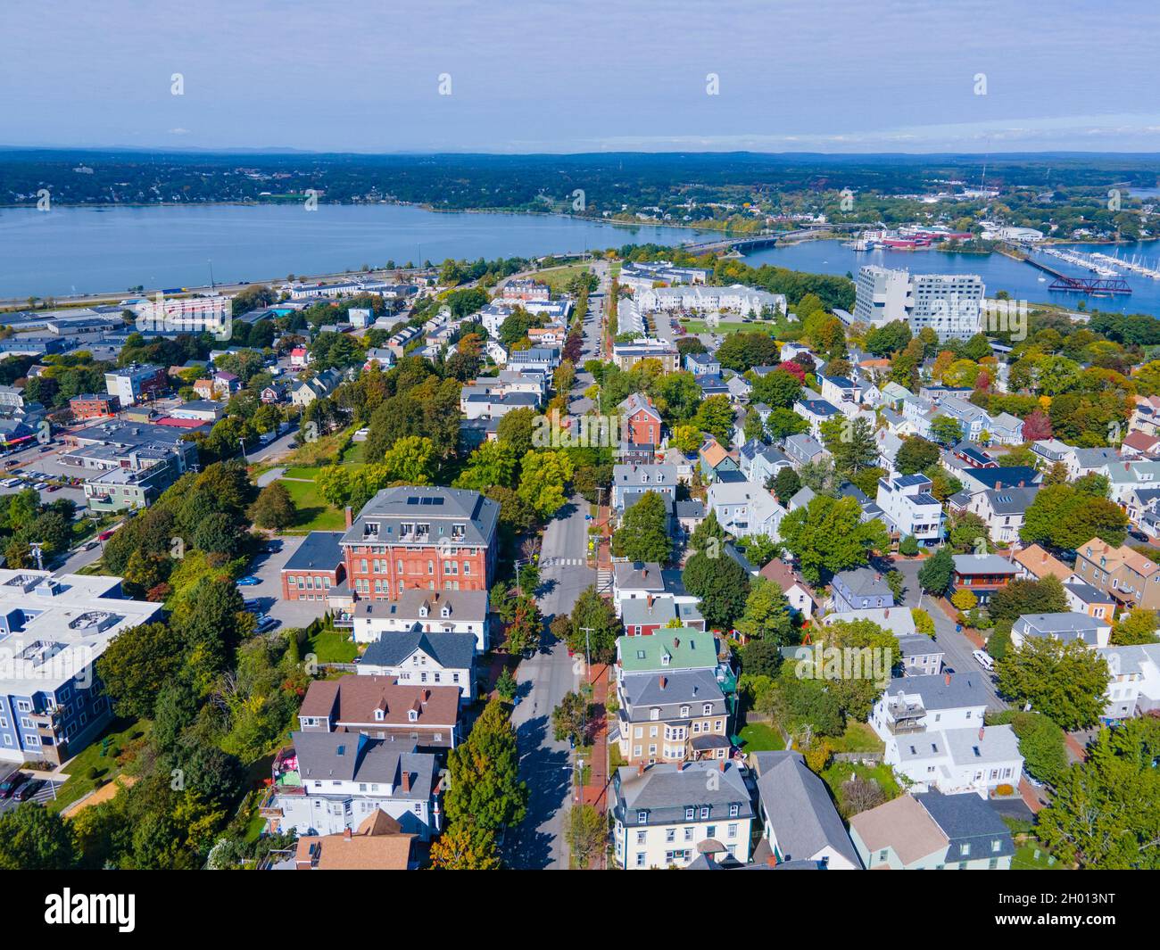 Munjoy Hill historic residence community close up aerial view in