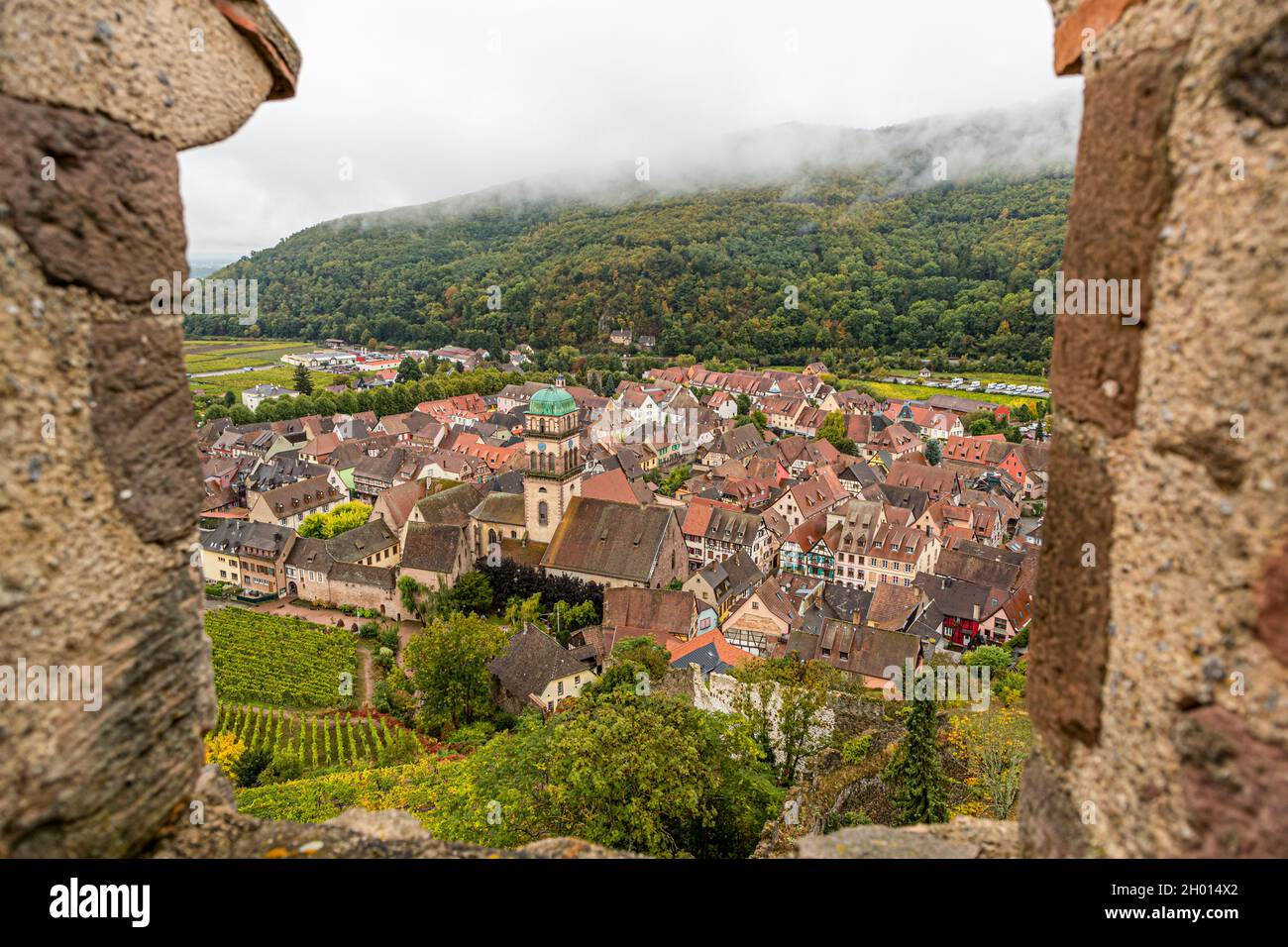 Vineyards and half-timbered houses characterize Kaysersberg in Alsace, France Stock Photo