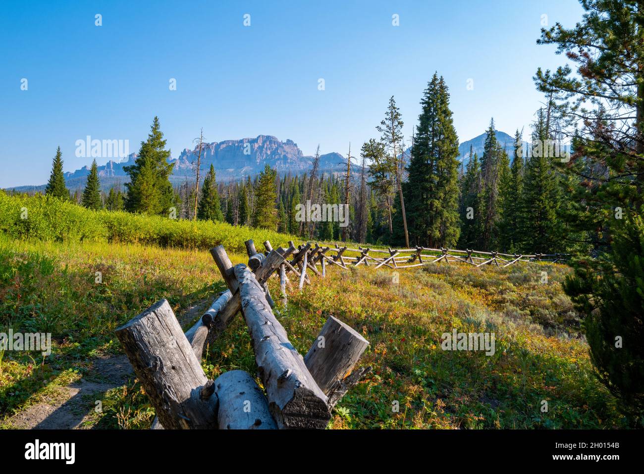 Fence and Mountain View, Shoshone National Forest, Wyoming Stock Photo