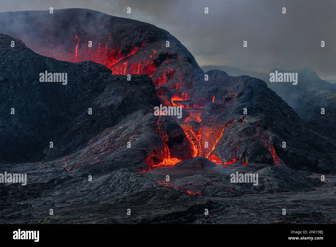 Side view of the crater opening from Fagradalsfjall volcano. Crater ...