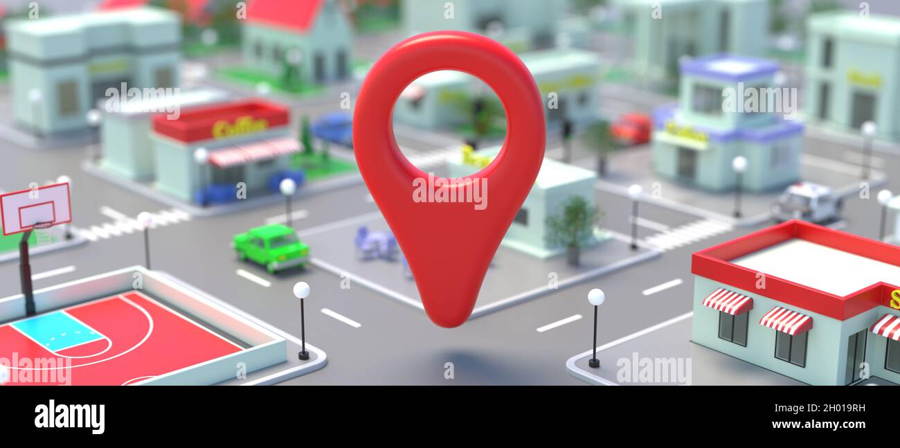 Red marker, locator position point on isometric town blocks background. Location  pin pointer on cartoon city map, navigation downtown and GPS concept Stock  Photo - Alamy