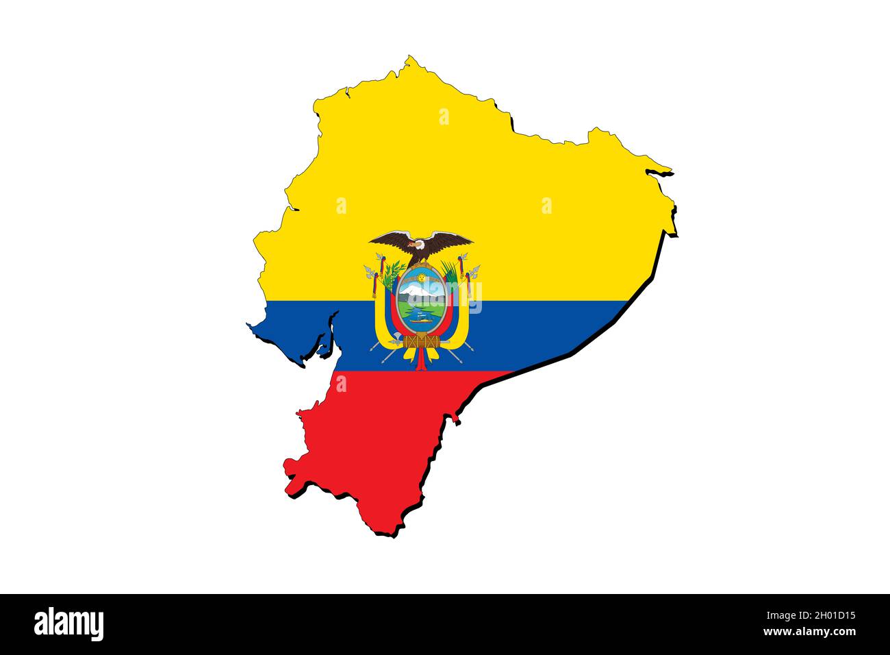 Outline map of Ecuador with the national flag superimposed over the country. 3D graphics casting a shadow on the white background Stock Photo
