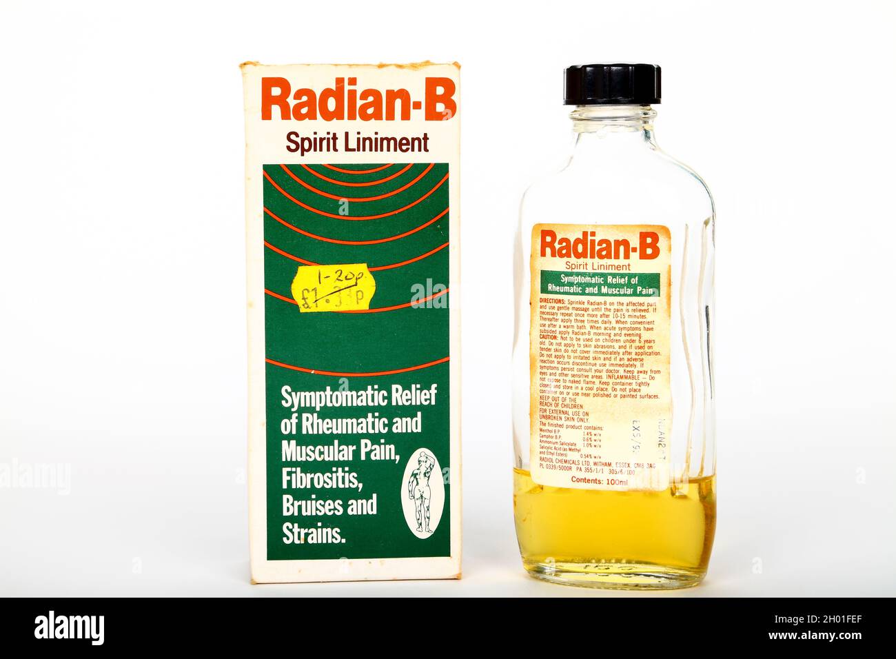 Vintage bottle of Radian B Spirit Liniment for the symtomatic relief of rheumatic and muscular pain, fibrositis, bruises and strains Stock Photo