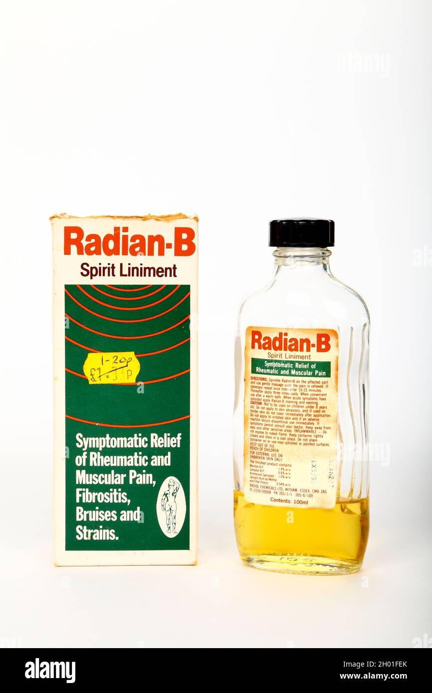 Vintage bottle of Radian B Spirit Liniment for the symtomatic relief of rheumatic and muscular pain, fibrositis, bruises and strains Stock Photo