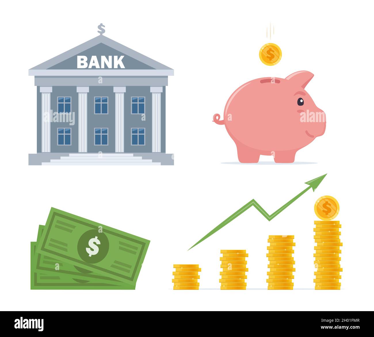 Bank building, piggy bank, dollar banknotes and coins, heap of money and arrow pointing up. Bank financing, money exchange, financial services, ATM, g Stock Vector