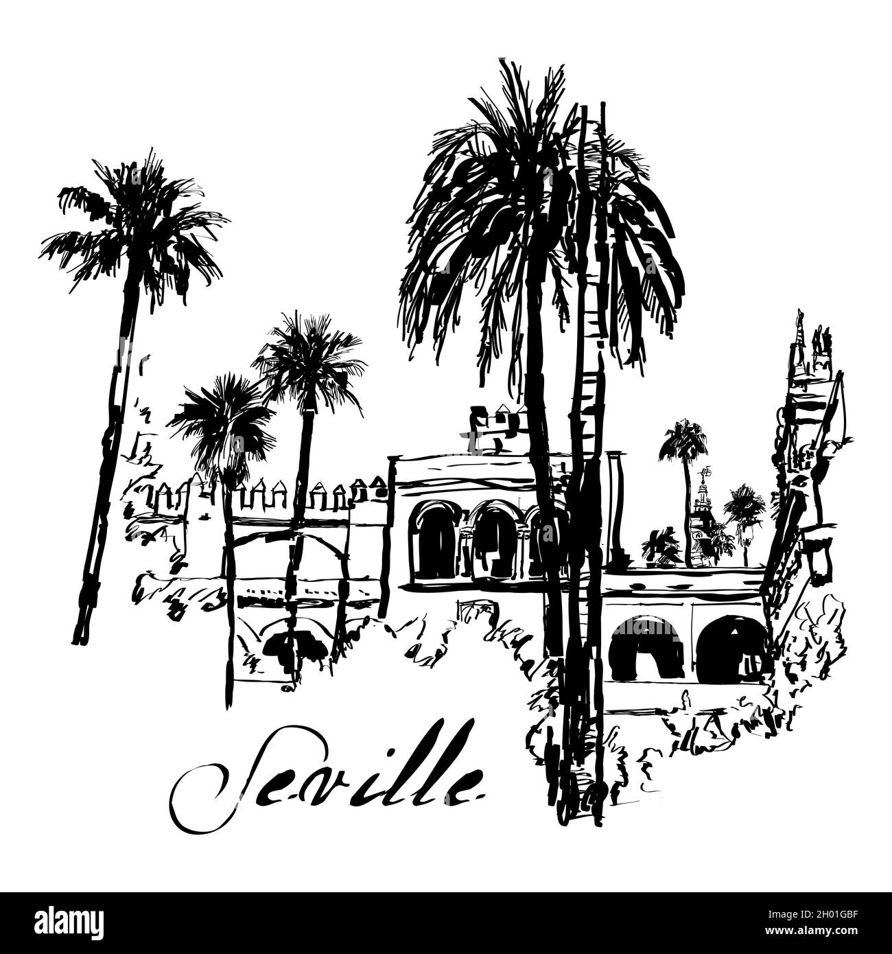 Indian ink drawing representing a view of Seville in Spain - vector illustration Stock Vector