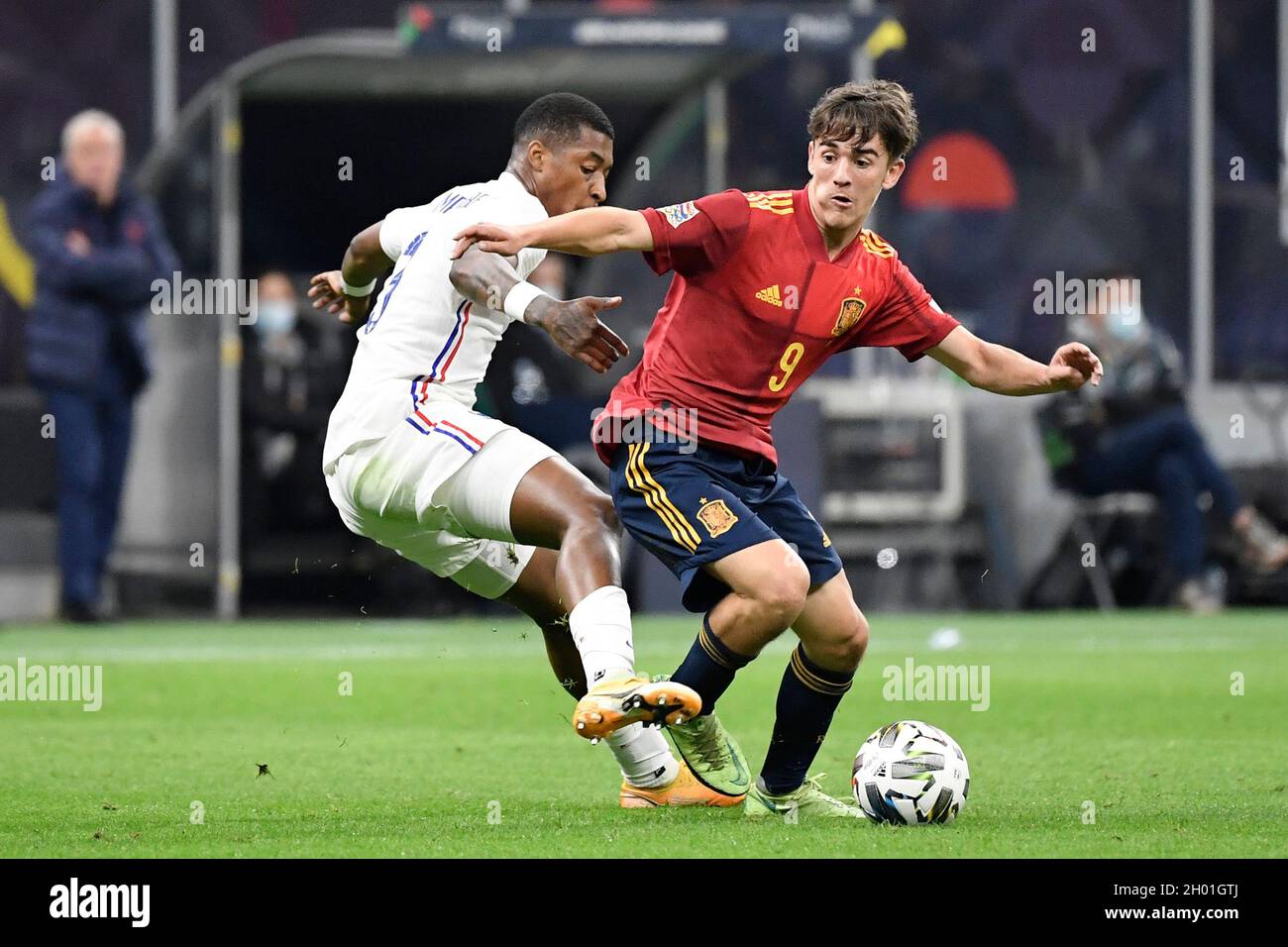 Milano Italy 10th Oct 21 Presnel Kimpembe Of France And Pablo Martin Paez Gavira Gavi Of Spain During The Uefa Nations League Final Football Match Between Spain And France At San Siro