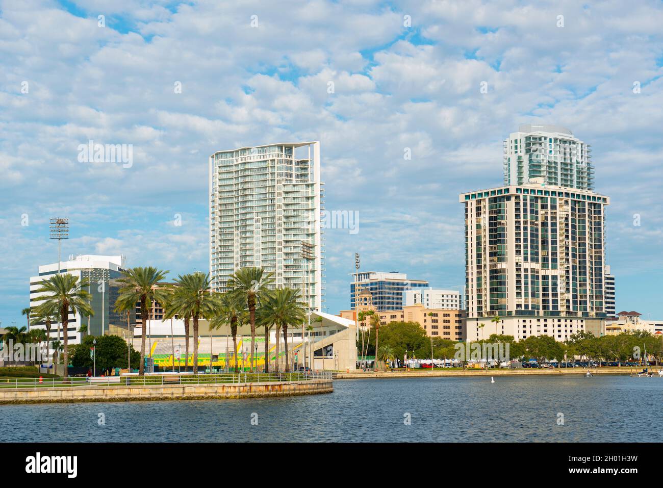 Modern city skyline including Signature Place, Bayfront Tower and One St. Petersburg from Dan Wheldon Way in downtown St. Petersburg, Florida FL, USA. Stock Photo