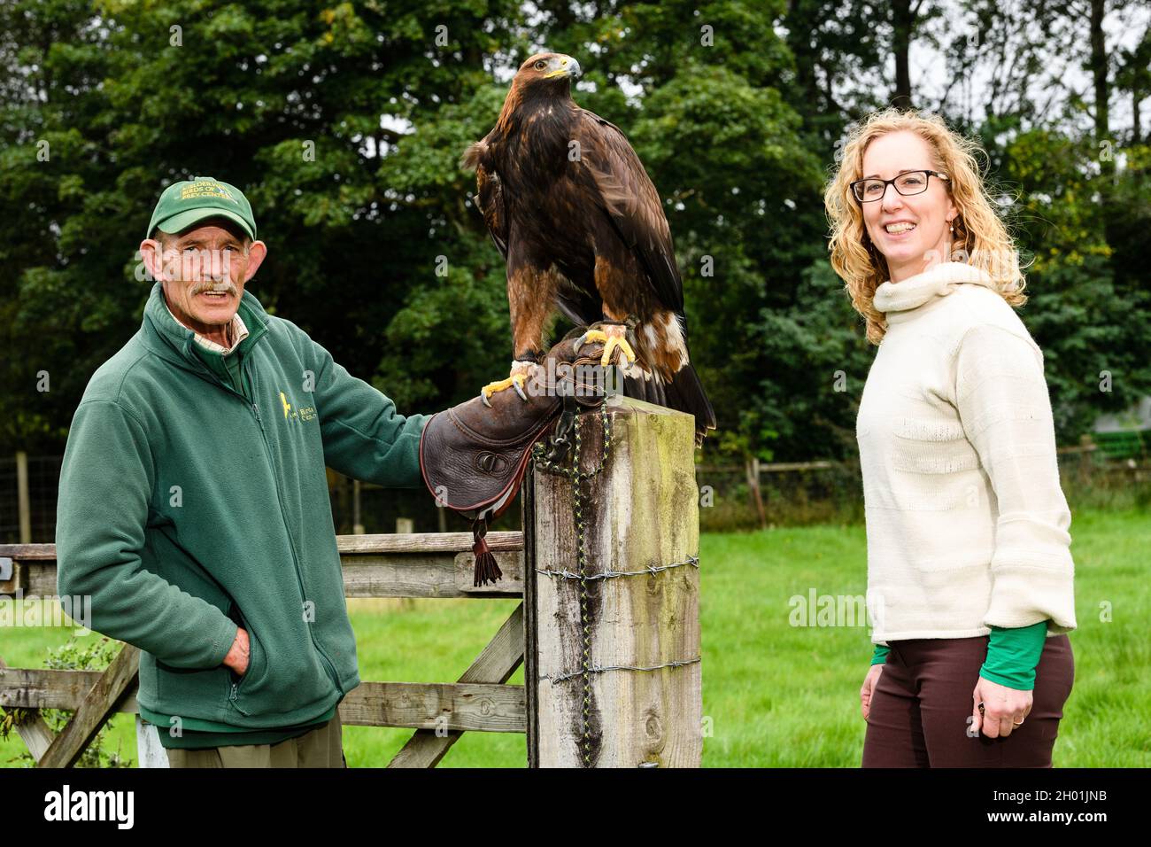 **Pics free to use** Pictured: Lorna Slater MSP with Saphire the Golden Eagle  and  Ray Lowden from the Kielder Bird of Prey The UK’s first ever Golde Stock Photo