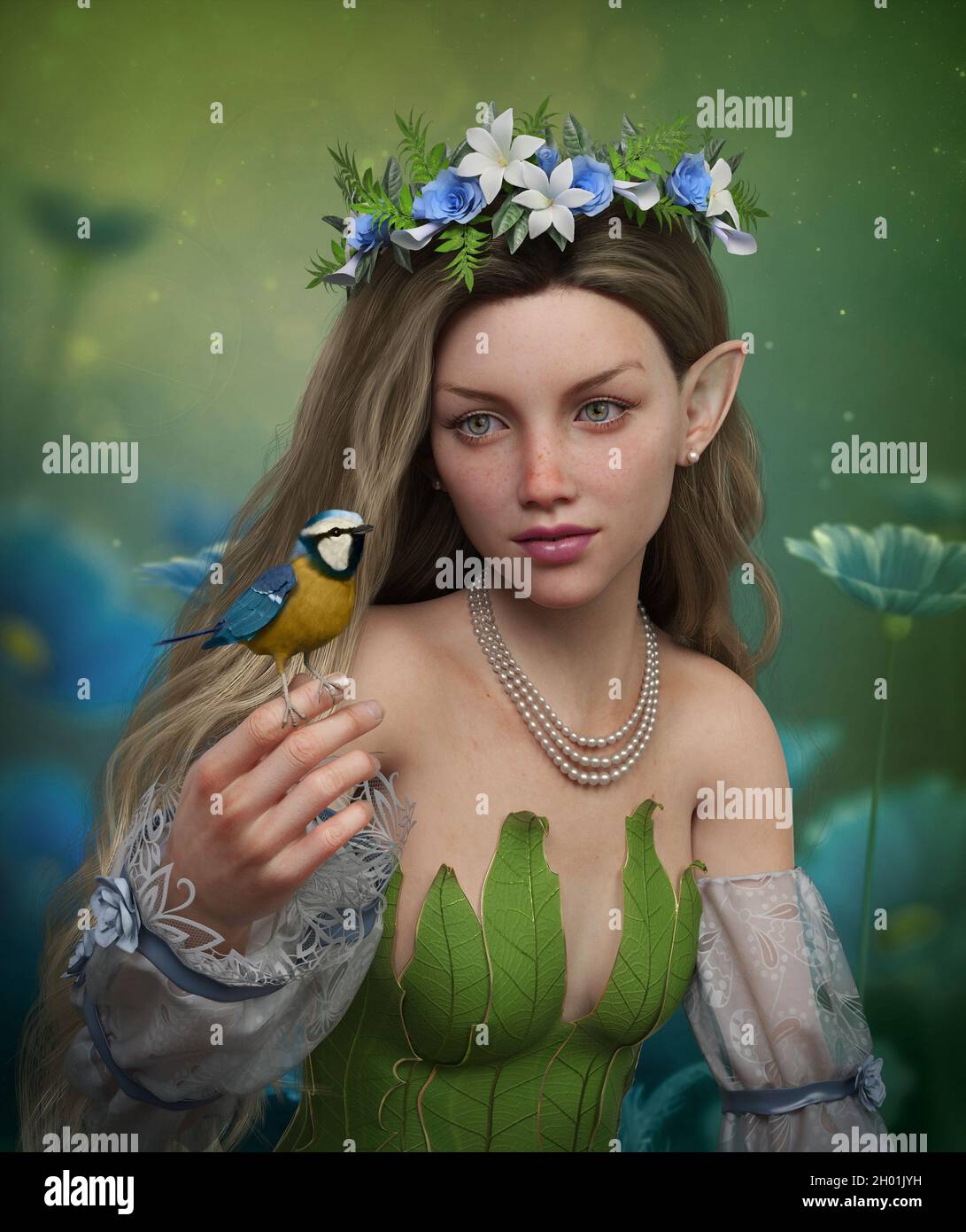 3d computer graphics of a fairy with Blue tit Stock Photo
