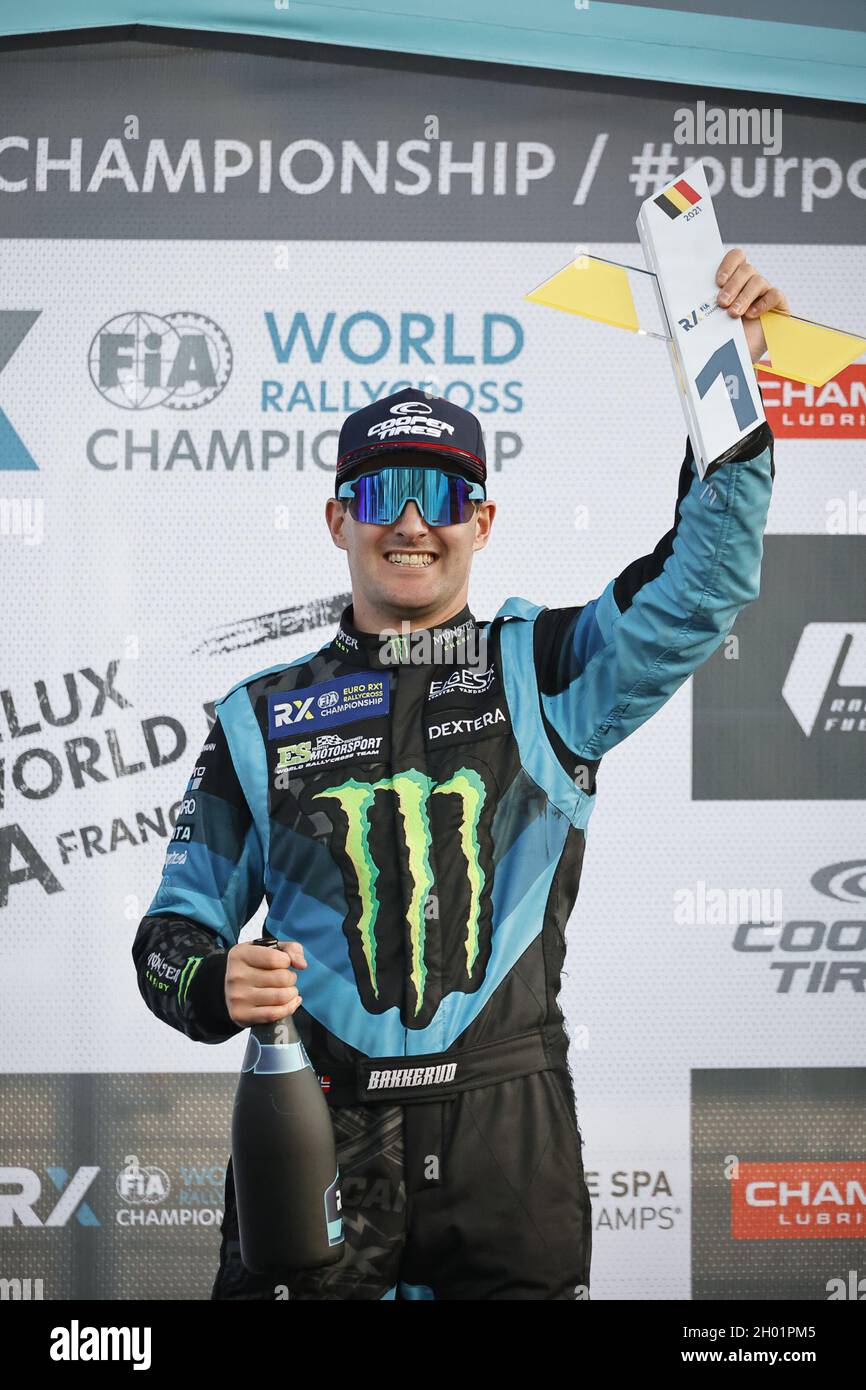 Circuit de Spa-Francorchamps, in Stavelot, Belgium. 10th October, 2021. Podium Andreas BAKKERUD (NOR) of team GFS Motorsport Egyesulet / ES K&N of World RX, portrait during the World RX of Benelux, 6th round of the 2021 FIA World Rallycross Championship, FIA WRX, from October 8 and 10 on the Circuit de Spa-Francorchamps, in Stavelot, Belgium - Photo: Paulo Maria/DPPI/LiveMedia Credit: Independent Photo Agency/Alamy Live News Stock Photo
