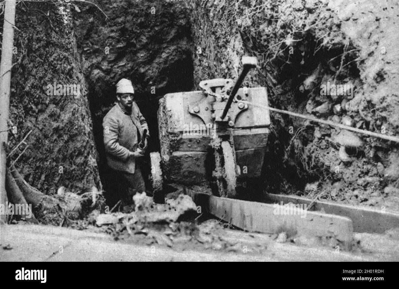 Sappers digging a tunnel under the German lines on the Vosges front. The sappers worked at a depth of about 17 meters. When they reached a spot below enemy positions explosives were placed and later detonated, destroying anything above. Stock Photo