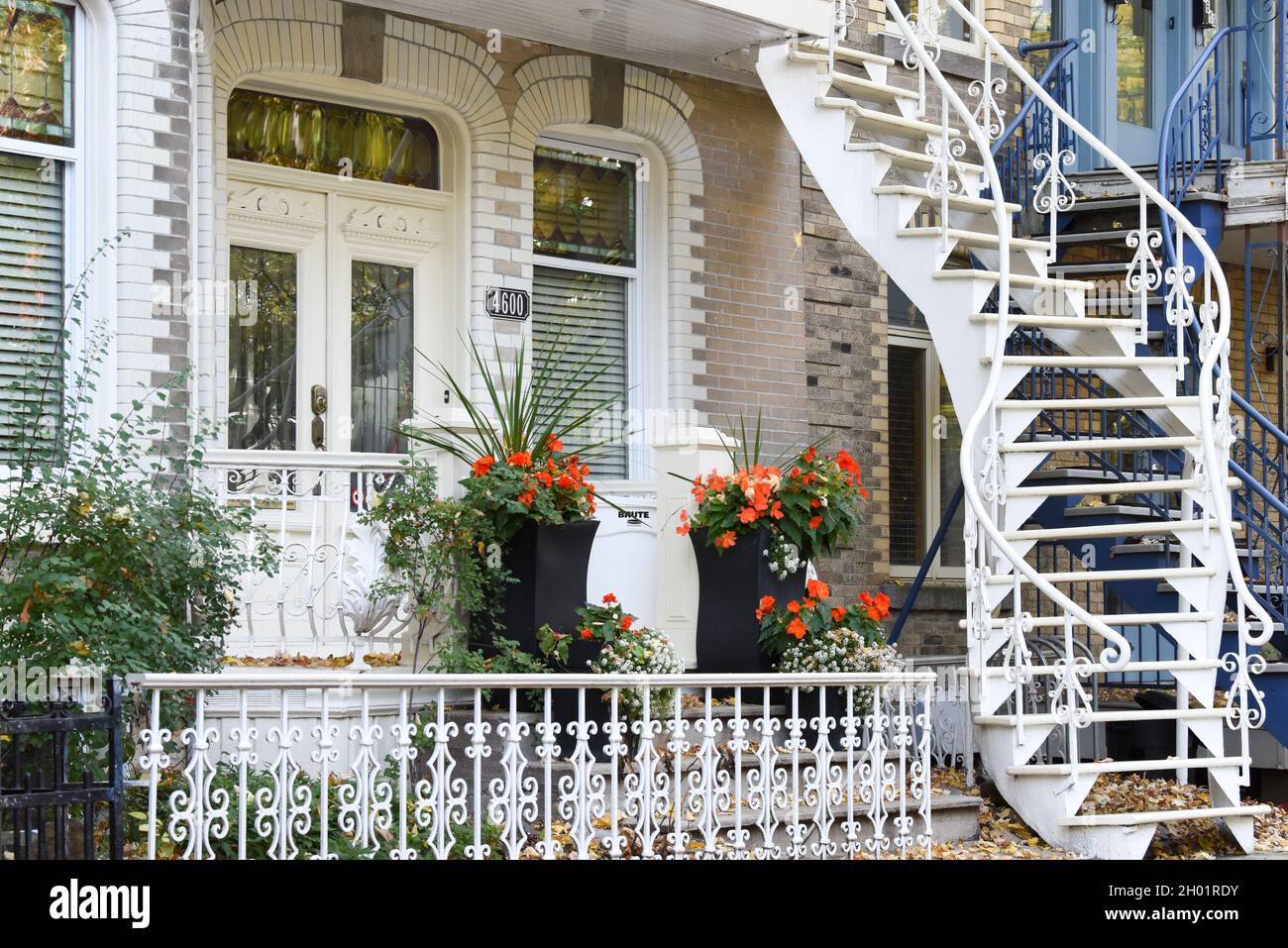 Typical house with exterior staircase in PLateau Mont Royal , Montreal Canada Stock Photo