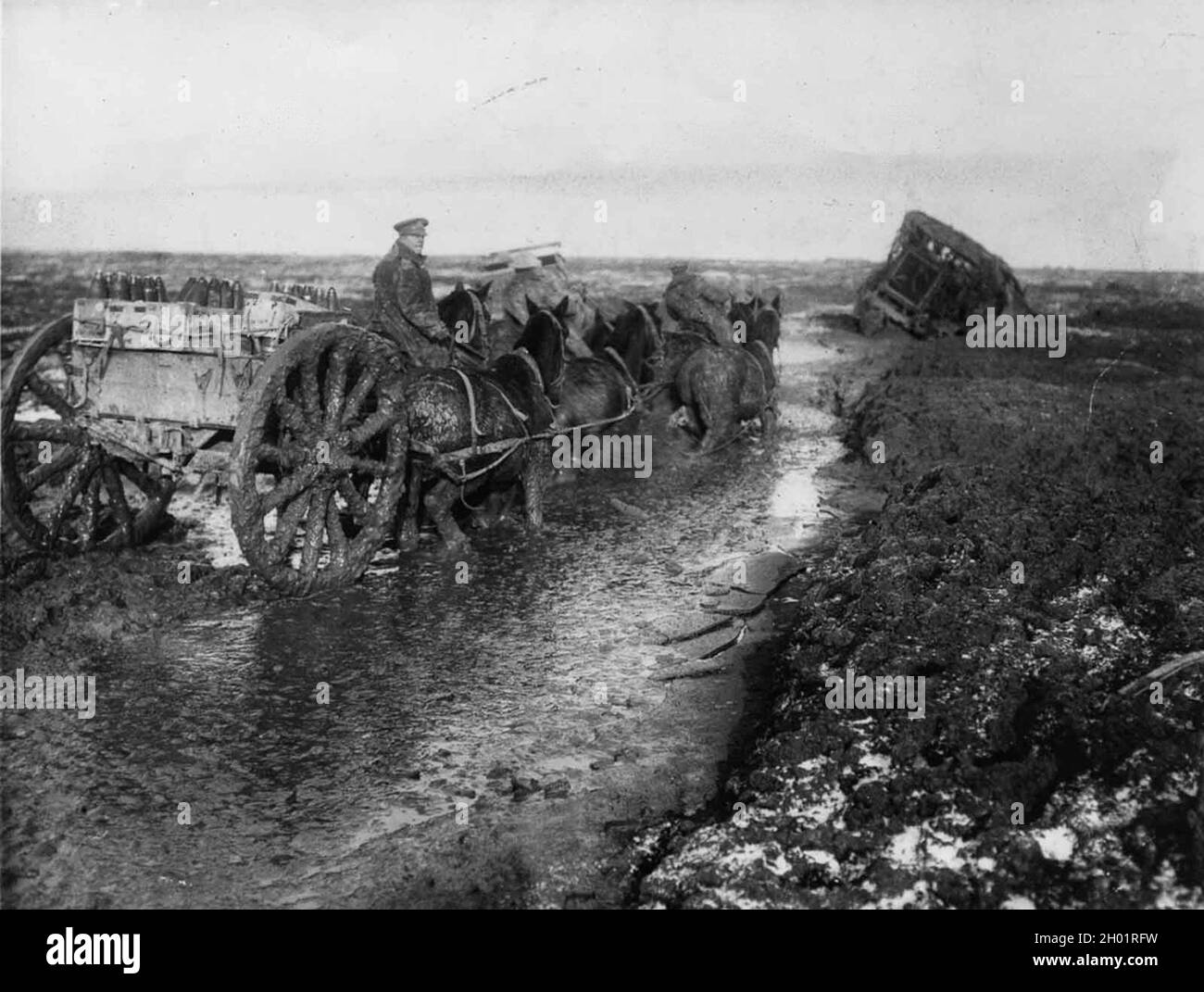 Horses haul ammunition forward in deep mud along the Lesboeufs Road outside Flers. November, 1916. Stock Photo